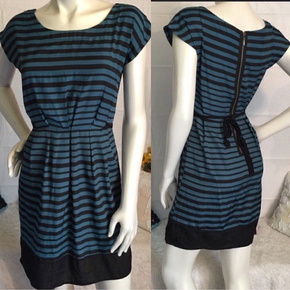 BeBop light pleated Pocket Dress! Teal and Black Striped size Medium - Picture 1 of 8